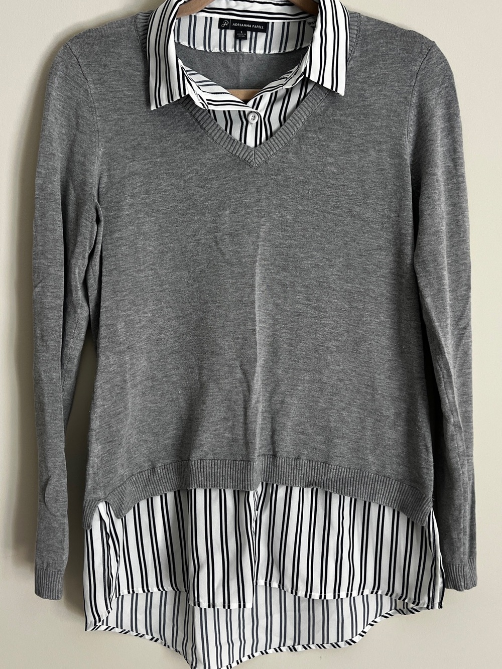 V-Neck Layered Sweater-Shirt with Striped Hem - Gray